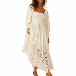 Free People Perfect Storm Shirred Bust Cream Long Sleeve Dress